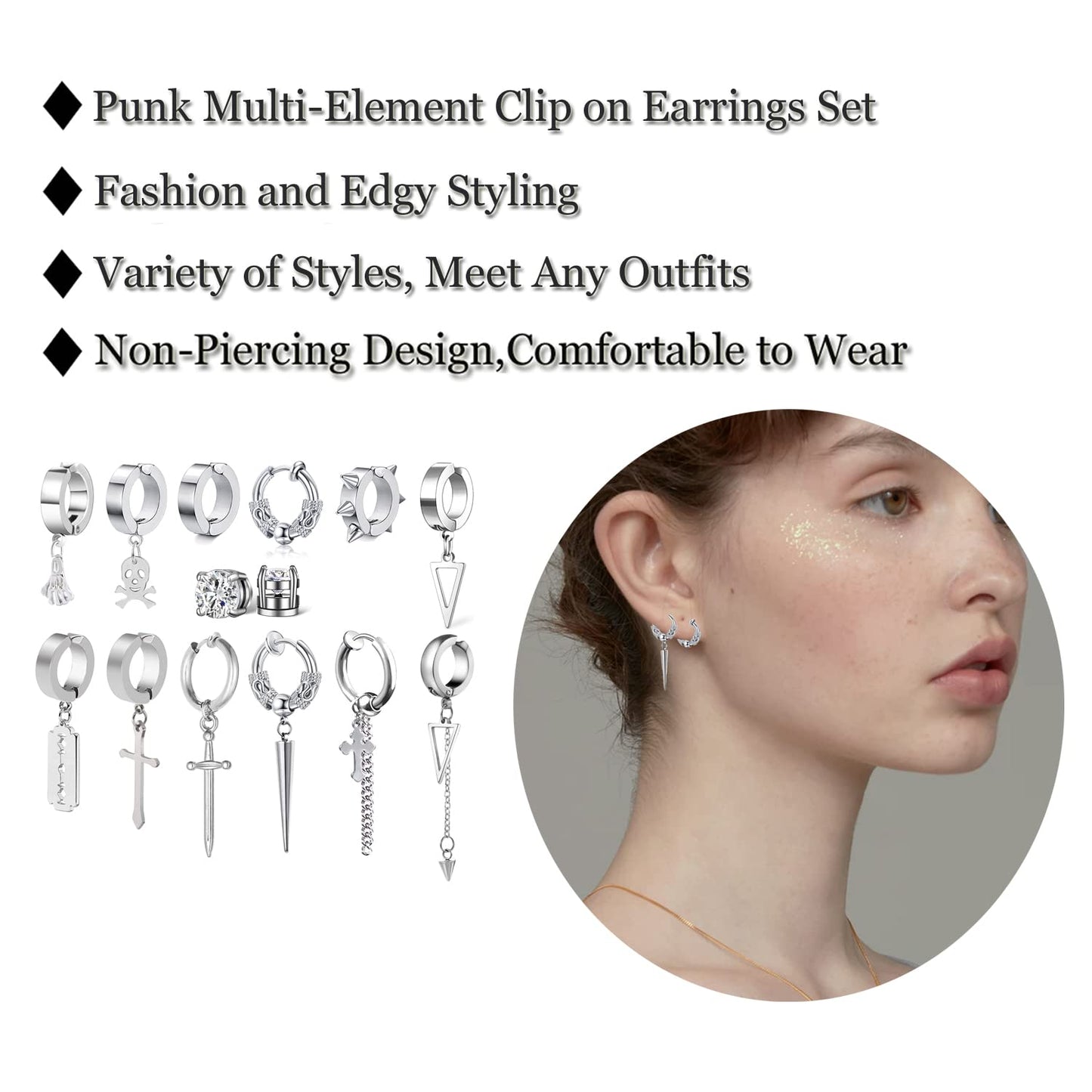 14 Pcs Silver Punk Stainless Steel Fake Piercing Cross Dagger Sword Spike Rivet Triangle Dangle Tassel Clip on Hoop Earrings Set for Women Men, Non Pierced Fake CZ Stud Earrings