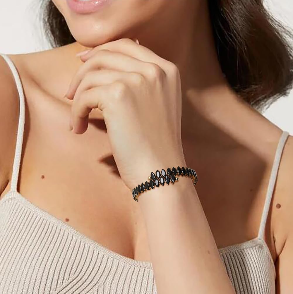 Wovanoo Rhinestone Cuff Bracelet Cubic Zirconia Tennis Bracelets Open Adjustable Bangle for Women Gold Black