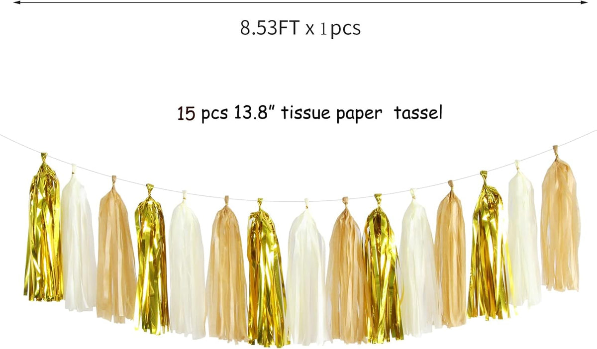 White Gold Champagne Party-Decorations Tassel-Garland -15pcs Christmas Wedding Engagement Tassels Banner Streamers Bachelorette Neutral Birthday Baby Bridal Shower Decor Panduola