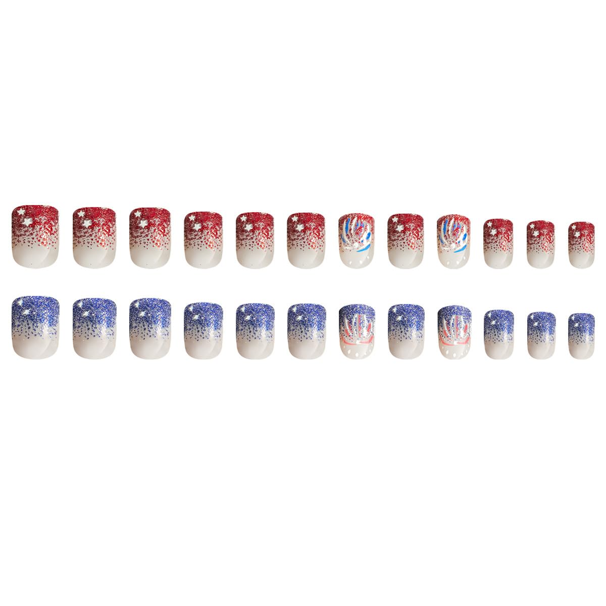 Independence Day Red Blue Glitter Firework Press on Nails Short Square 4th of July Fake Nails with Designs Bling Acrylic Nails Reusable Full Cover False Nails French Tips Glue on Nails for Women 24Pcs