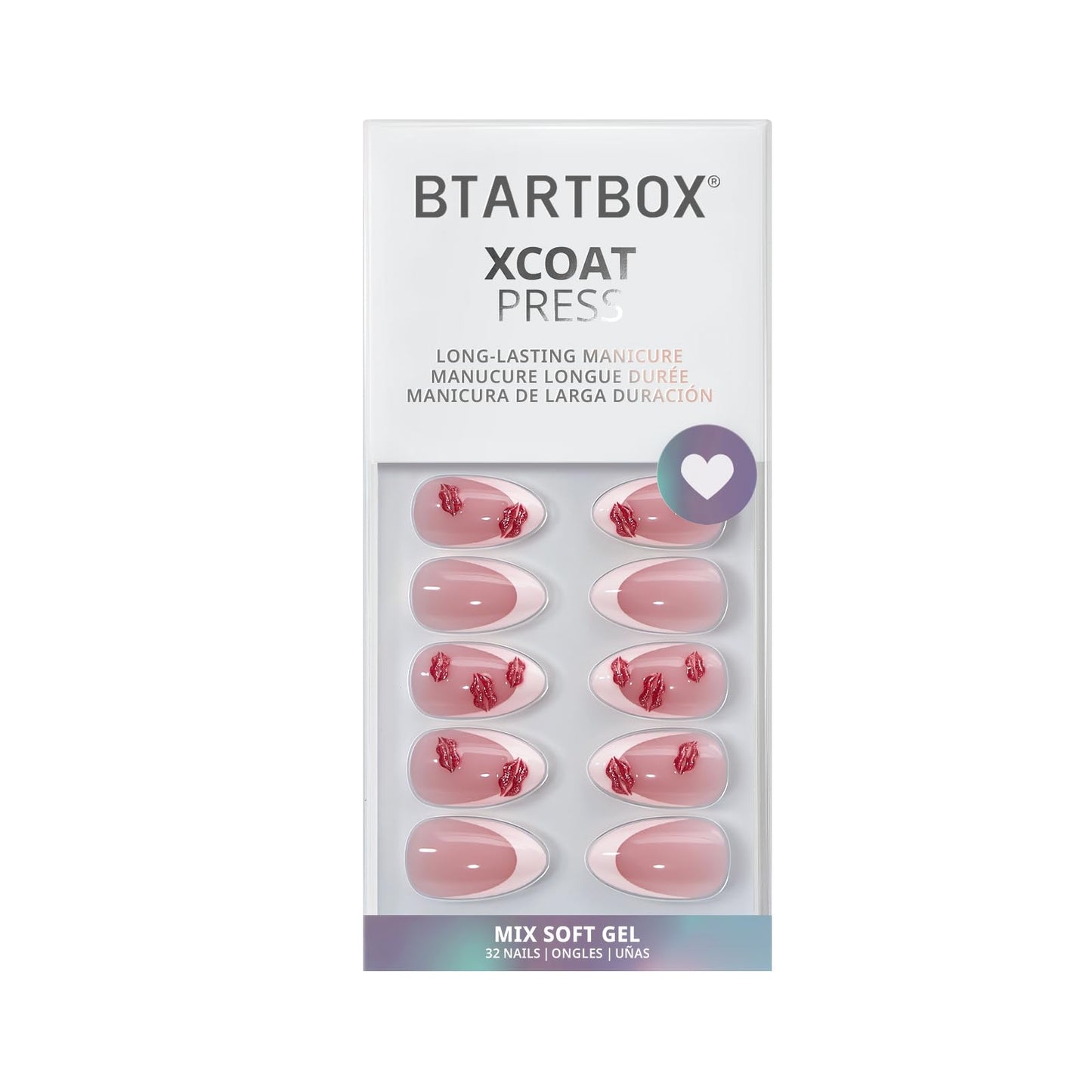 BTArtbox French Tip Press On Nails - Date Night, Lamp-Curable 3D Red Lips Short Almond Press On Nails with Glue and Adhesive Tabs for Women in 16 Sizes - 32 Nails All-in-One Kit