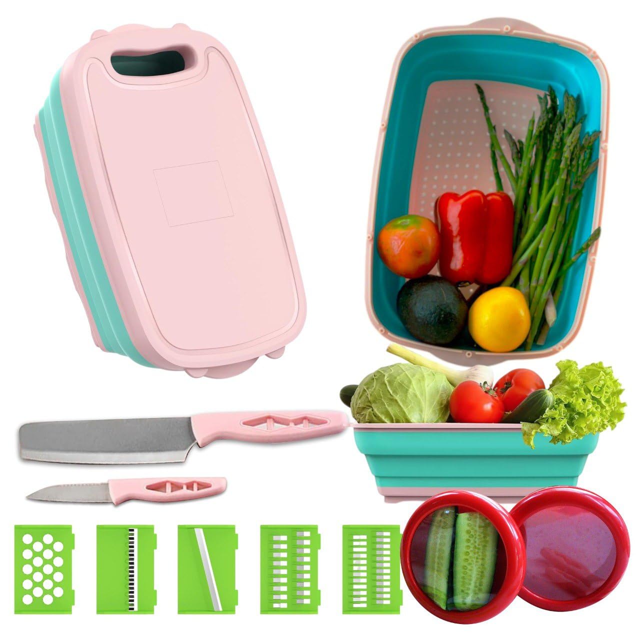 Foldable Cutting Board Set with Storage Lid – Phoenix'Hills Pink Kitchen Cutting Board with 5 Interchangeable Blades, 2 Knives & Containers – Compact & Multi-Functional