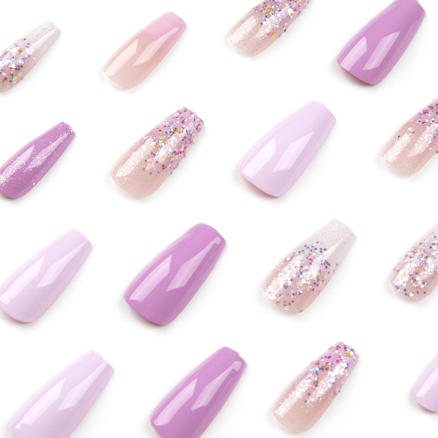 Coffin Press on Nails Medium - Purple & Pink Gradient Fake Nails Press on Nails Full Cover Glue on Nails Glitter Designs Artificial Acrylic Nails for Women 24 Pcs