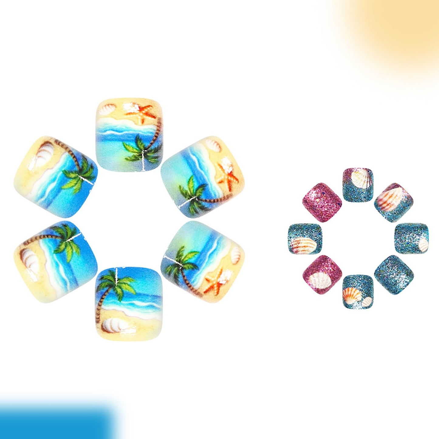 Summer Beach Press on Toenails,Short Square Fake Toenails Coconut Trees Toe Nail Press Ons with Starfish Shells Glitter Designs Full Cover Acrylic Glossy Stick on Toe Nails for Women 24Pcs