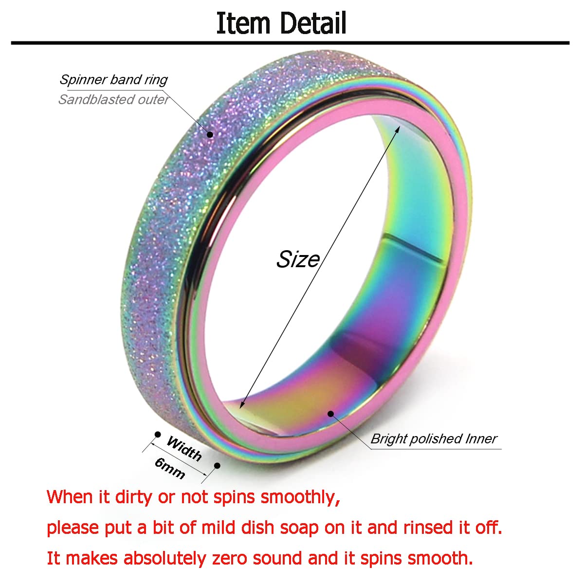 OreilleStar Anxiety Ring, Titanium Stainless Steel Fidget Spinner for Women and Men Rainbow Size 8 (Rainbow-Width 6mm, 8)