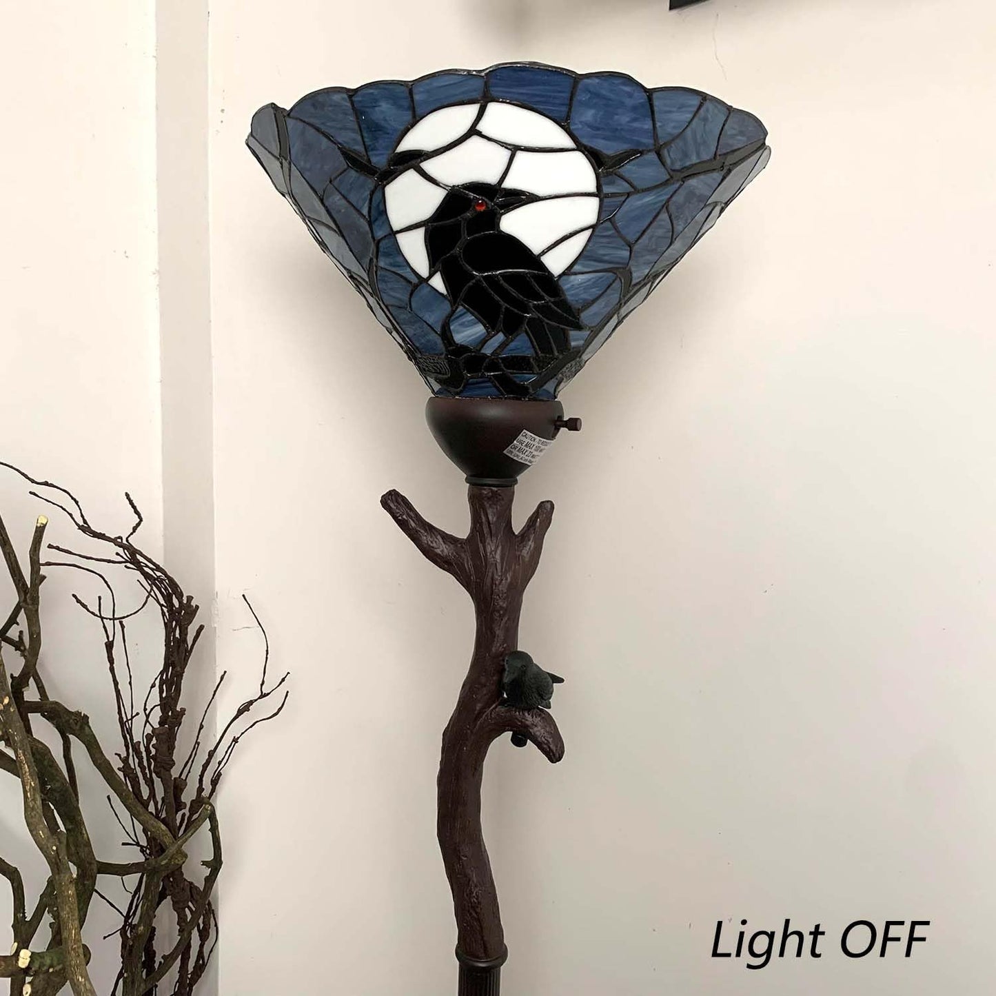 Bieye L10959 Raven Sitting on Bare Tree Branch in Full Moon Night Tiffany Style Stained Glass Torchiere Floor Lamp for Halloween Decor (Dark Blue)