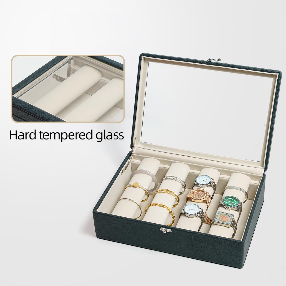 OrizeGe Jewelry Box with Glass Lid Bracelet Holder PU Leather for 4 Rods Beige Velvet Watch Case for Women