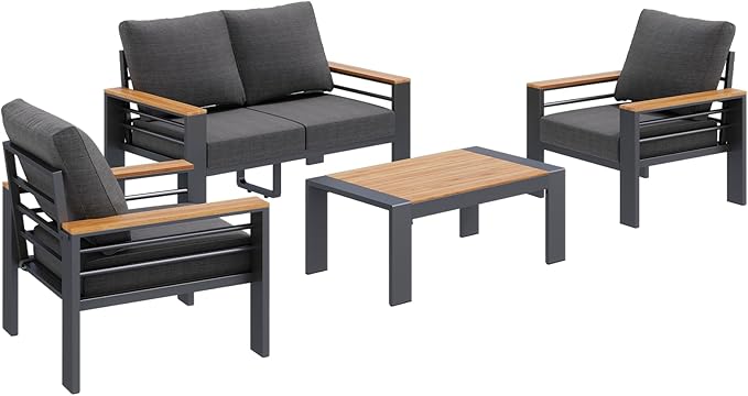 Aoxun Aluminum Outdoor Patio Furniture Set, 4 Seats Outdoor Sectional with Coffee Table, Patio Conversation Sets with Upgraded Armrests and Cushions for Backyard, Garden and Poolside