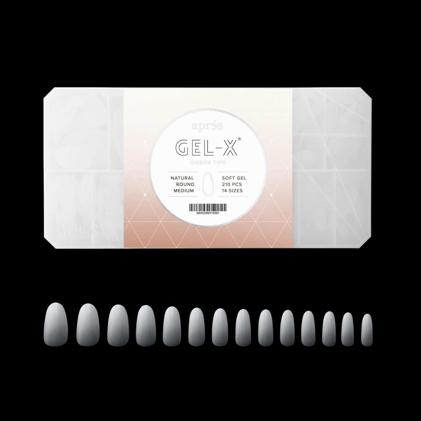 Apres Ombre Gel-X® Box of Nail Tips, 14 Sizes 00-9, Premium Quality (Natural Round Medium, 210 Count)