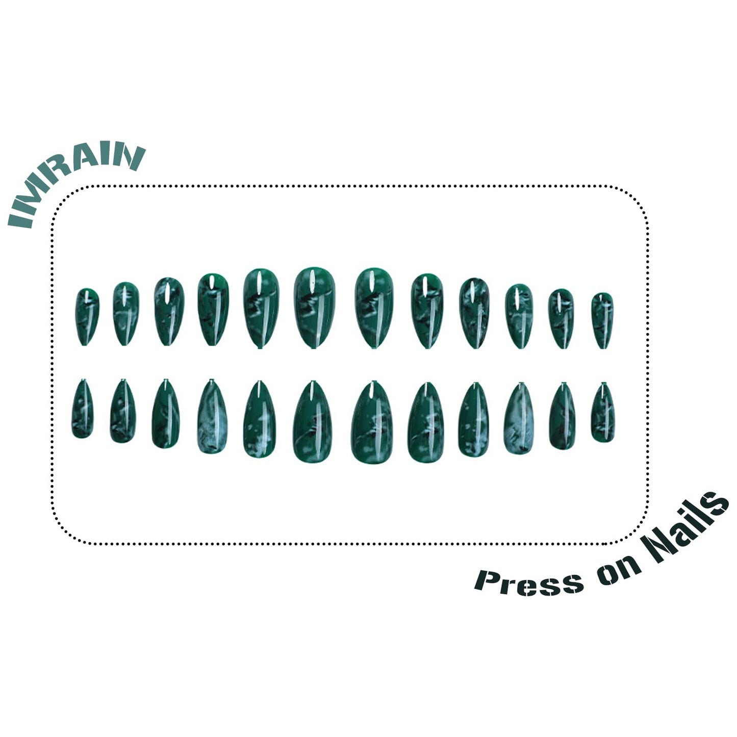 IMRAIN Press on Nails Medium Almond Fake Nails Green Ombre Marble False Nails Full Cover Glossy Artificial Reusable Acrylic Stick on Nails for Women Manicure Kit