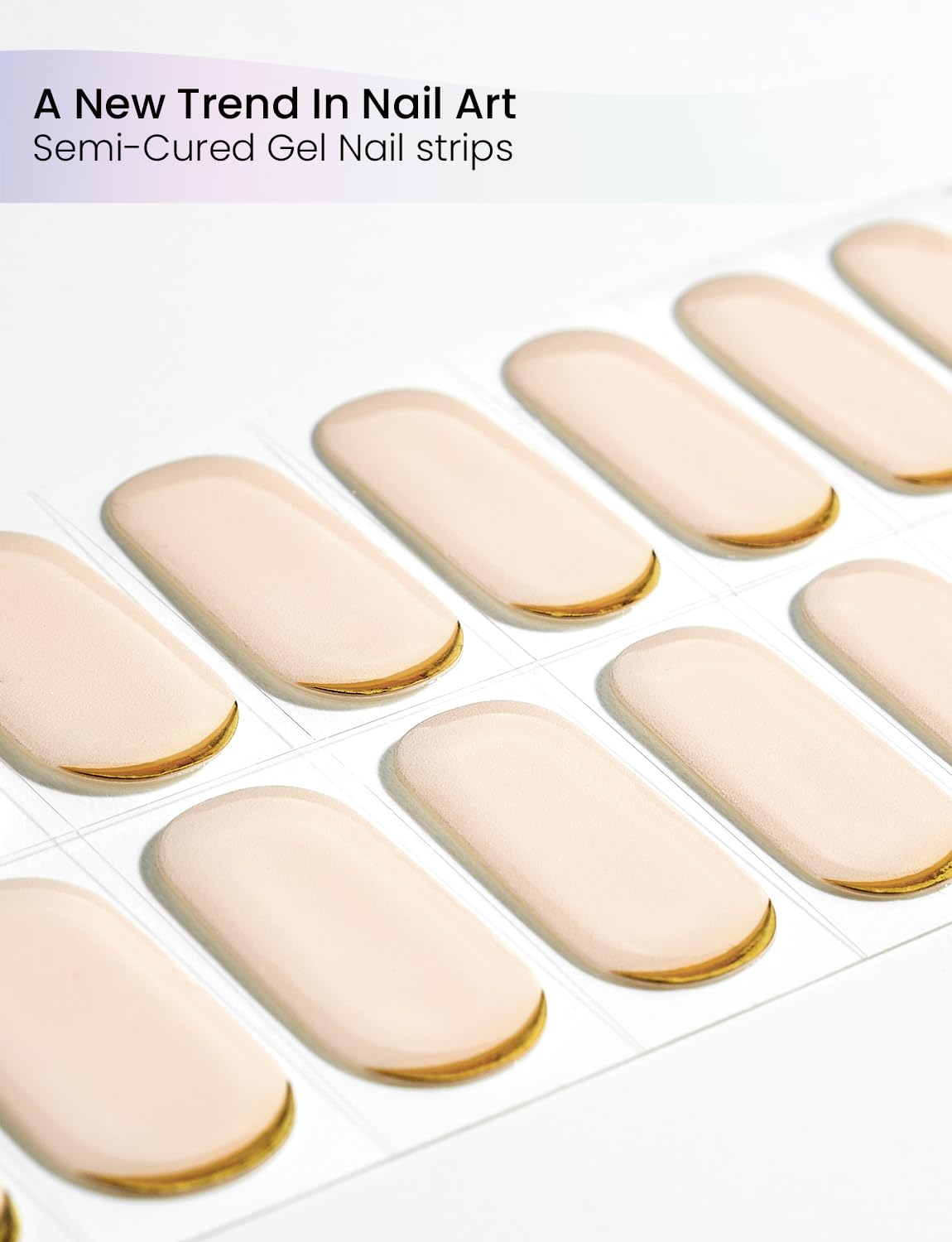 Oauee Semi Cured Gel Nail Strips | Built-In Gel Top Coat | UV Light Required | Salon Quality, Easy Application And Removal (Nude With Gold Trim)