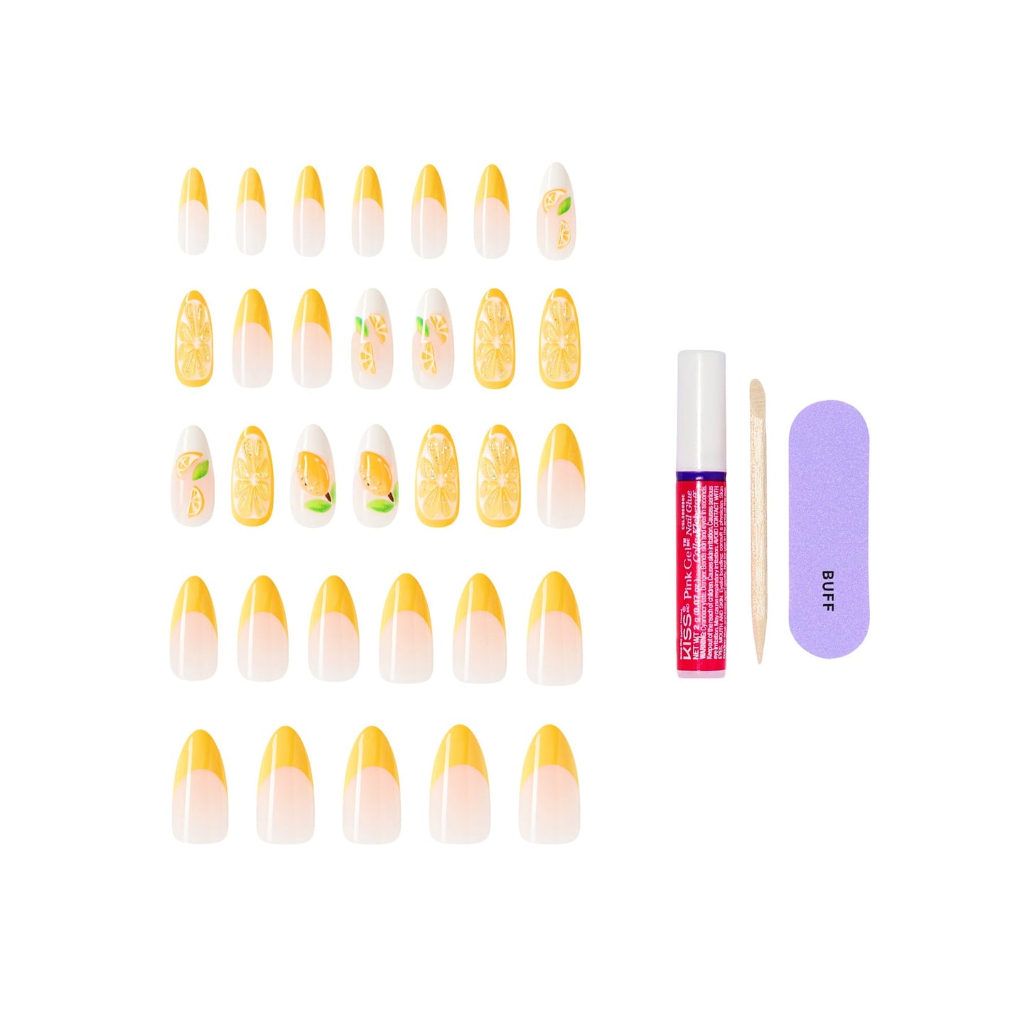 Kiss Glam, Press On Nails, Nail glue included, 'Cherish the Moment', Yellow, Long Size, Almond Shape, Includes 32 Nails, 2g Glue, 1 Manicure Stick, 1 Mini File