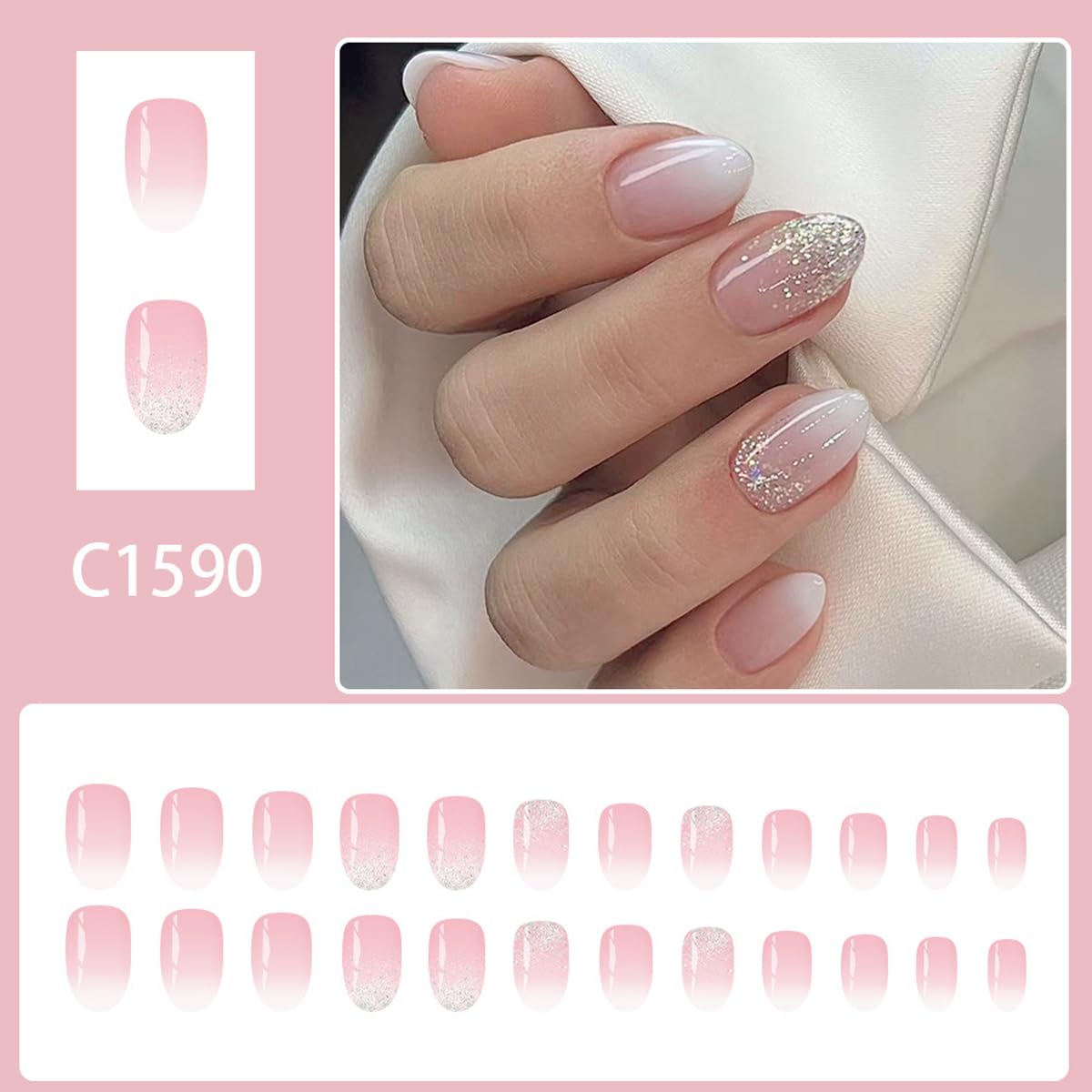 Short Oval Press on Nails Glitter Fake Nails White Ombre False Nails Elegant Full Cover Glossy Stick on Nails for Women Manicure 24PCS
