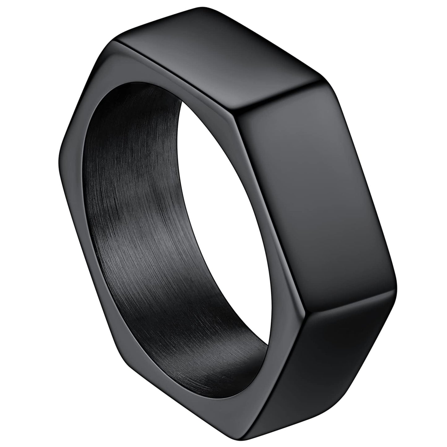 ChainsHouse Black Biker Ring Stainless Steel Jewelry Size 7 Punk Hexagon Geometric Band Rings