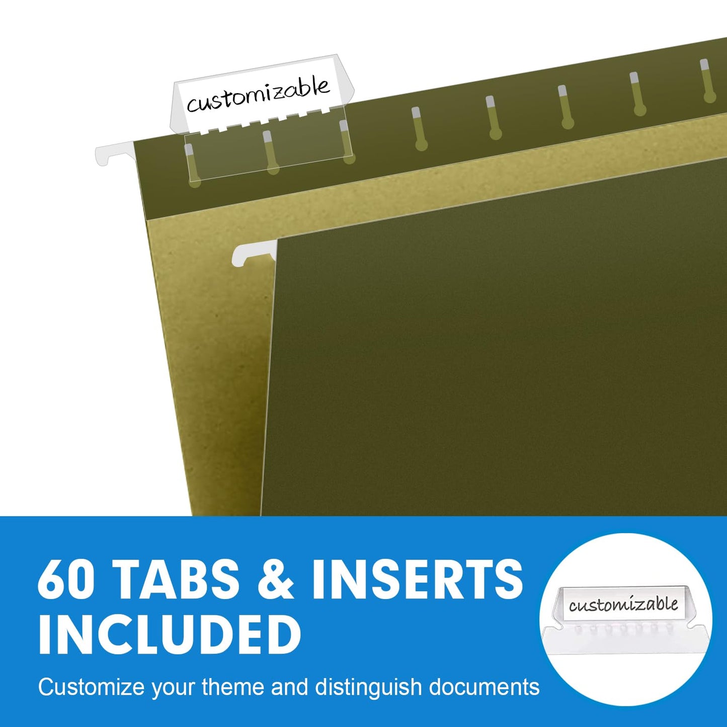 Hanging File Folders, RAZCC 60 Pack Reinforced Hanging Folders Letter Size, Designed for Bulky Files, Filing Cabinet, Adjustable Tabs, Green