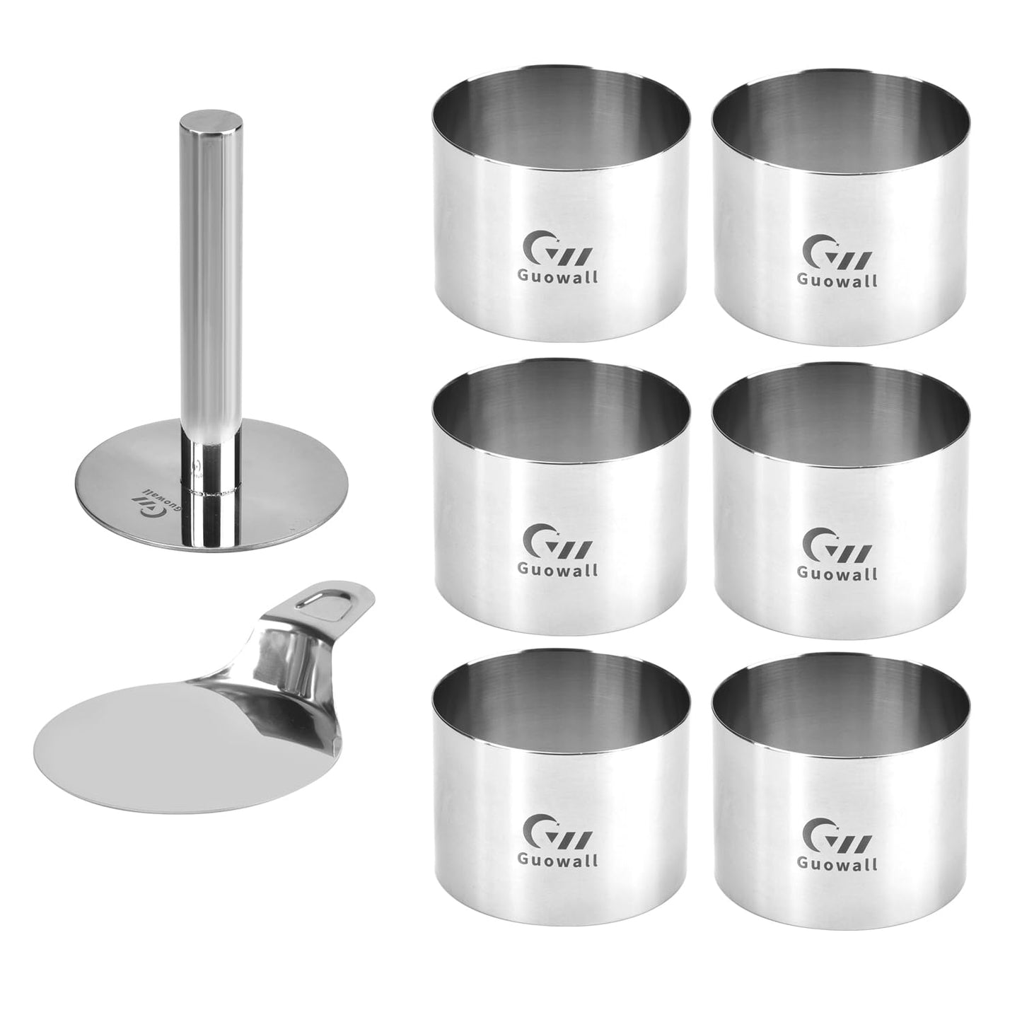 Guowall 6 pack Seamless Mousse Ring Set 3 inch Stainless Steel Round Cake Cutter Food Pastry Mold for Baking (Includes 1 Lifter, 1 Pusher and 6 Rings)