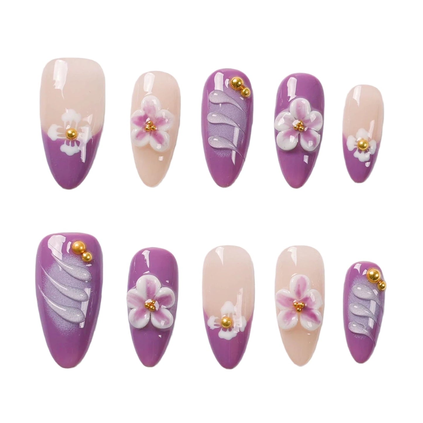 Tesytto Handmade Press on Nails Almond Shape Glossy Reusable False Nails for Nail Art (Purple Dream, L)