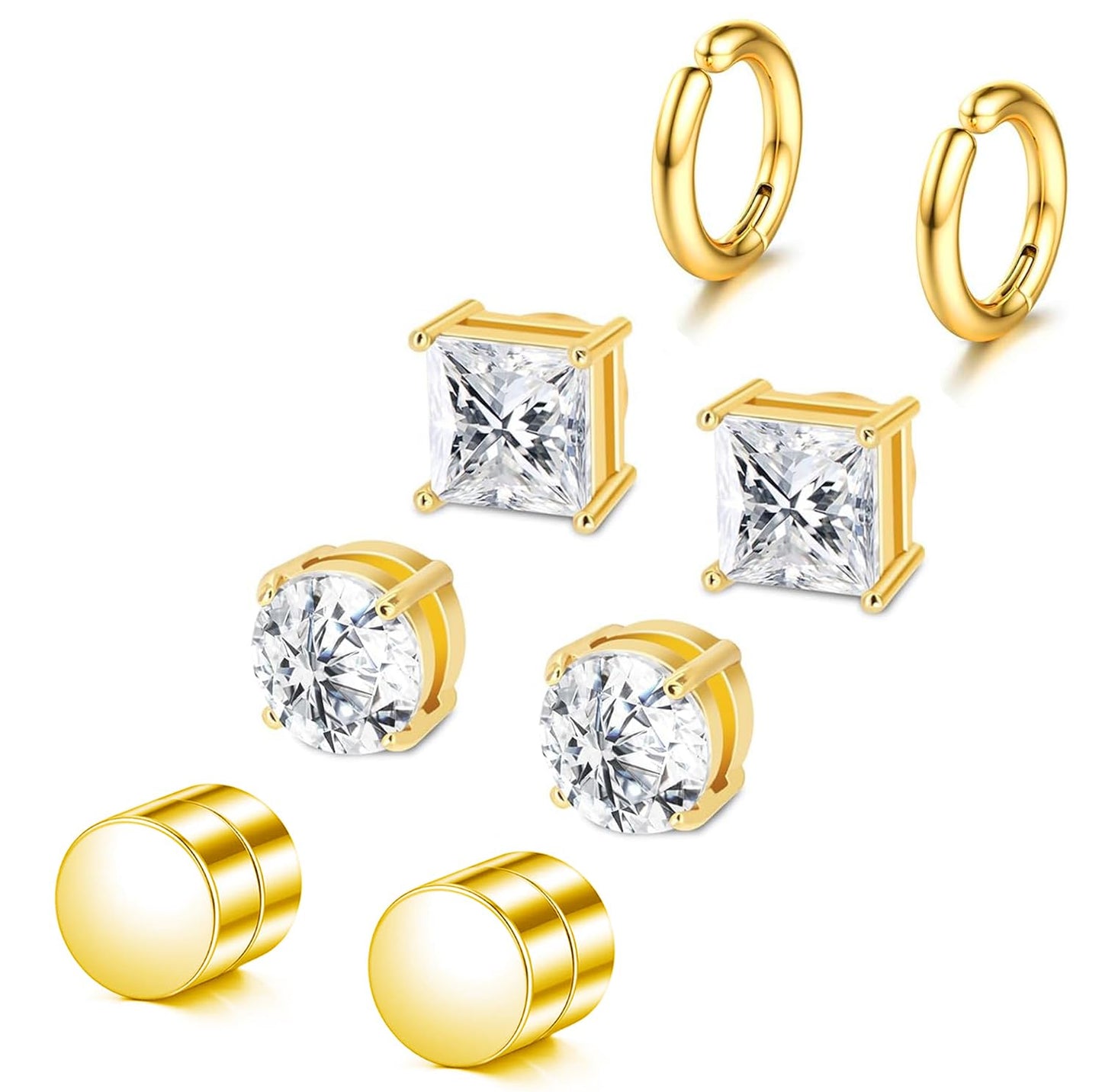 SIISPRI Magnetic Earrings for Men and Women,4 Pairs Clip on Earring Hypoallergenic Shiny Cubic Zirconia Stud Earrings Unisex Non Pierced Silver Ear Cuff Gold Fake Huggie Earrings Set (Gold)