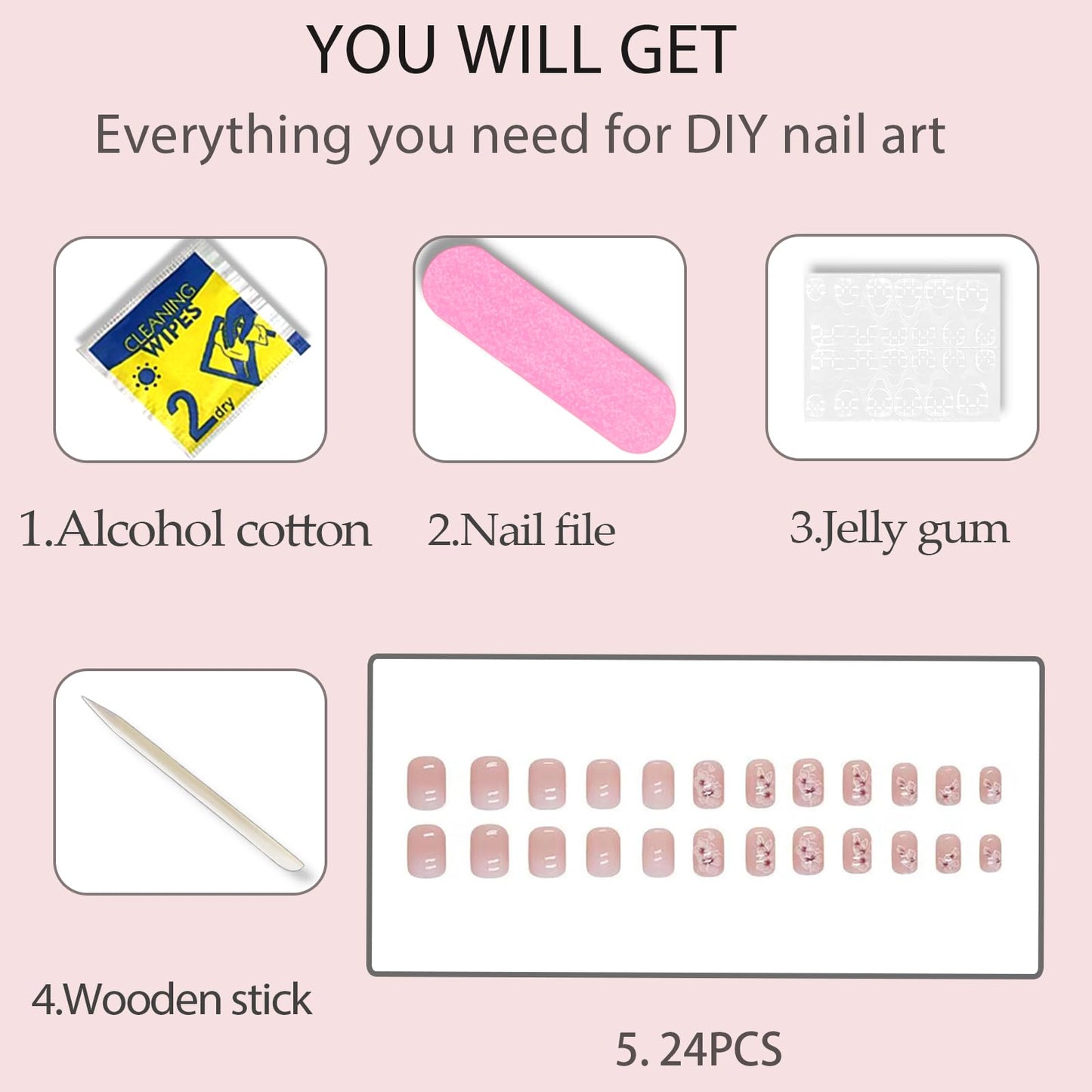 WAFOLOZE Nail Press ons,White Ombre Short Square Press on Nails Fake/False Nail with Flower Press ons Designs Gloss Acrylic Artificial Stick on Nails for Women 24Pcs