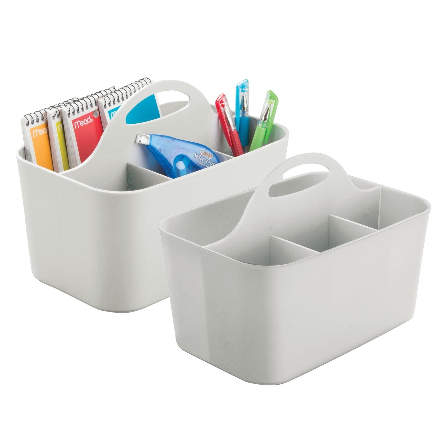 mDesign Plastic Small Office Storage Organizer Utility Tote Caddy with Handle for Cabinets, Desks, Workspaces - Holds Desktop Office Supplies, Pencils, Staplers Lumiere Collection, 2 Pack, Light Gray