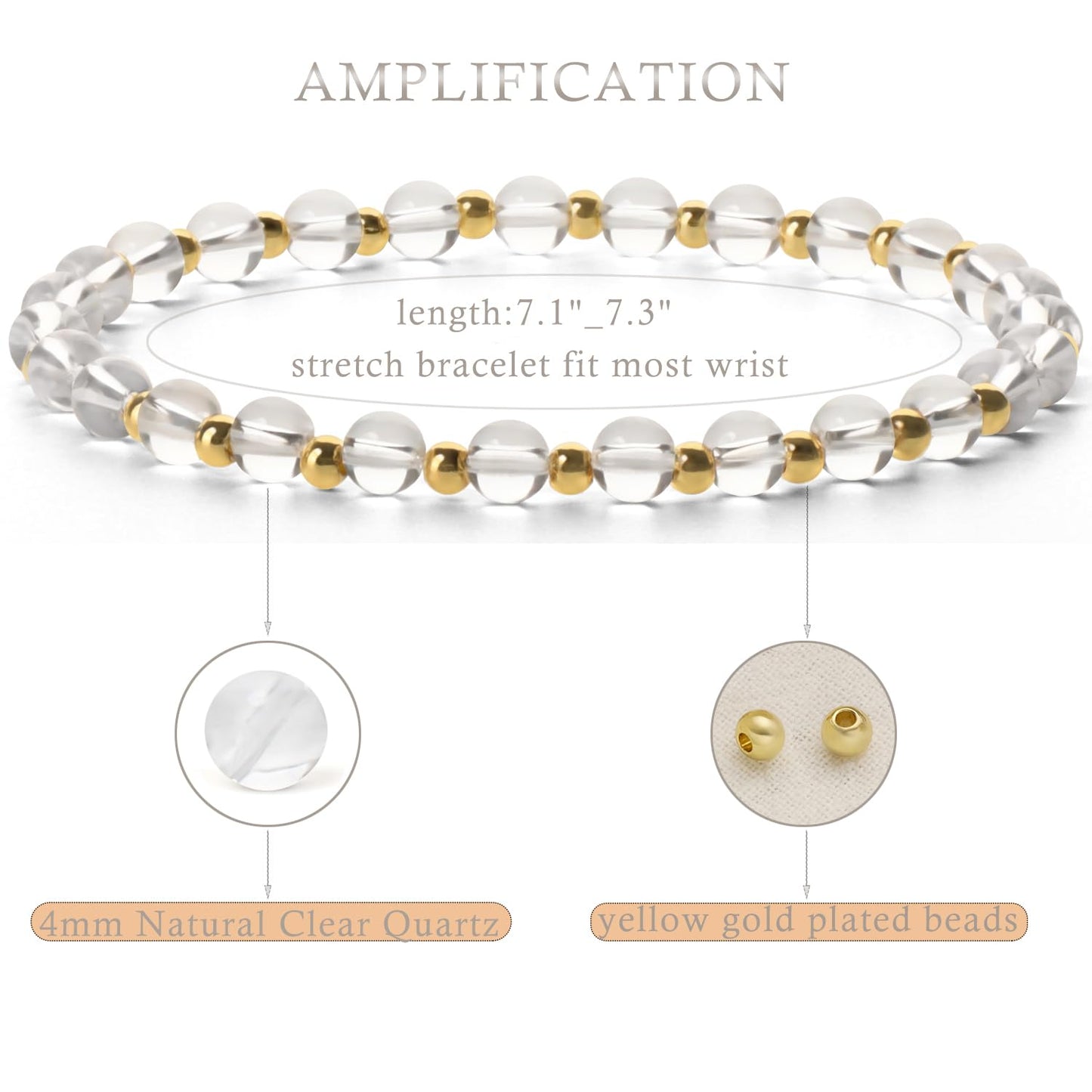 QOGIR Clear Quartz - Amplification - 14K Gold Plated Beads Natural Gemstone Stretch Elastic Dainty Healing Beaded Bracelets Gifts 4mm