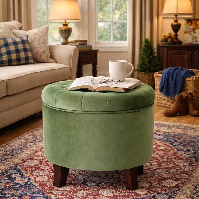 Homepop Home Decor | Upholstered Round Velvet Tufted Foot Rest Ottoman | Ottoman with Storage for Living Room & Bedroom | Decorative Home Furniture, Green