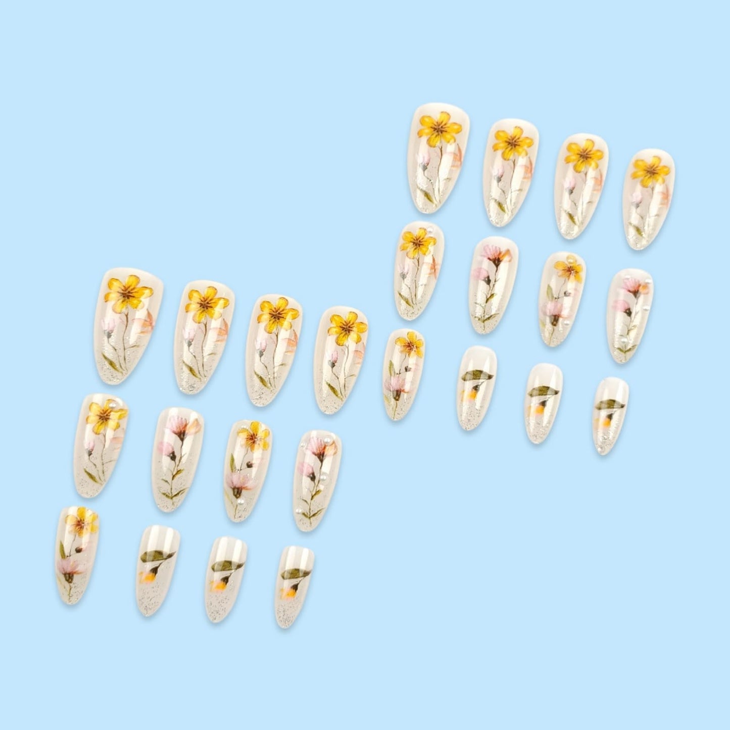 Almond Press on Nails Medium Fake Nails Nude False Nails Floral Artificial Nails with Pearl Designs Summer HandmadeNails Flowers Stick on Nails for Women 24pcs