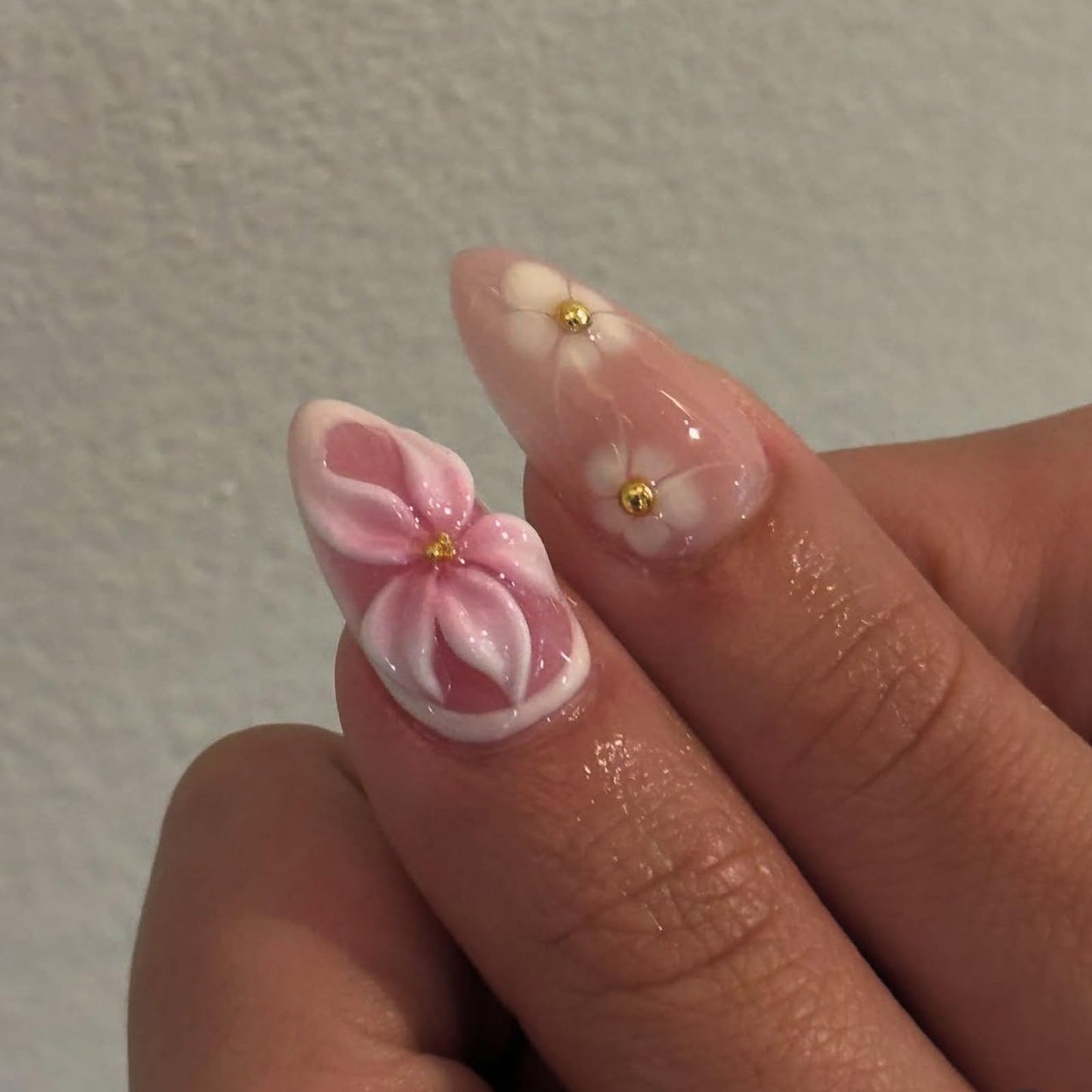 IMRAIN Summer Press on Nails Medium Almond Fake Nails with 3D Pink White Flower Designs Glossy French Tips False Nails Cute Floral Glue on Nails Acrylic Nail Supplies