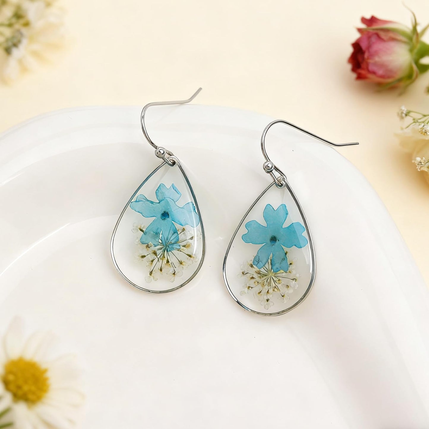 Jean Beau Handmade Pressed Flower Earrings for Women, Unique Blue Turquoise Dried Flowers Sterling Silver Teardrop Dangle Drop Nature Floral Earings Summer Jewelry Gift