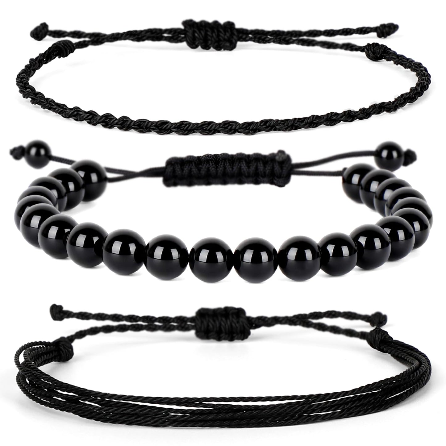QOGIR Handmade Healing Bracelets,8mm Natural Black Onyx Gem Stone Beads Bracelet for Men Women Gifts with 2PCS Size Adjustable Rope Bracelets