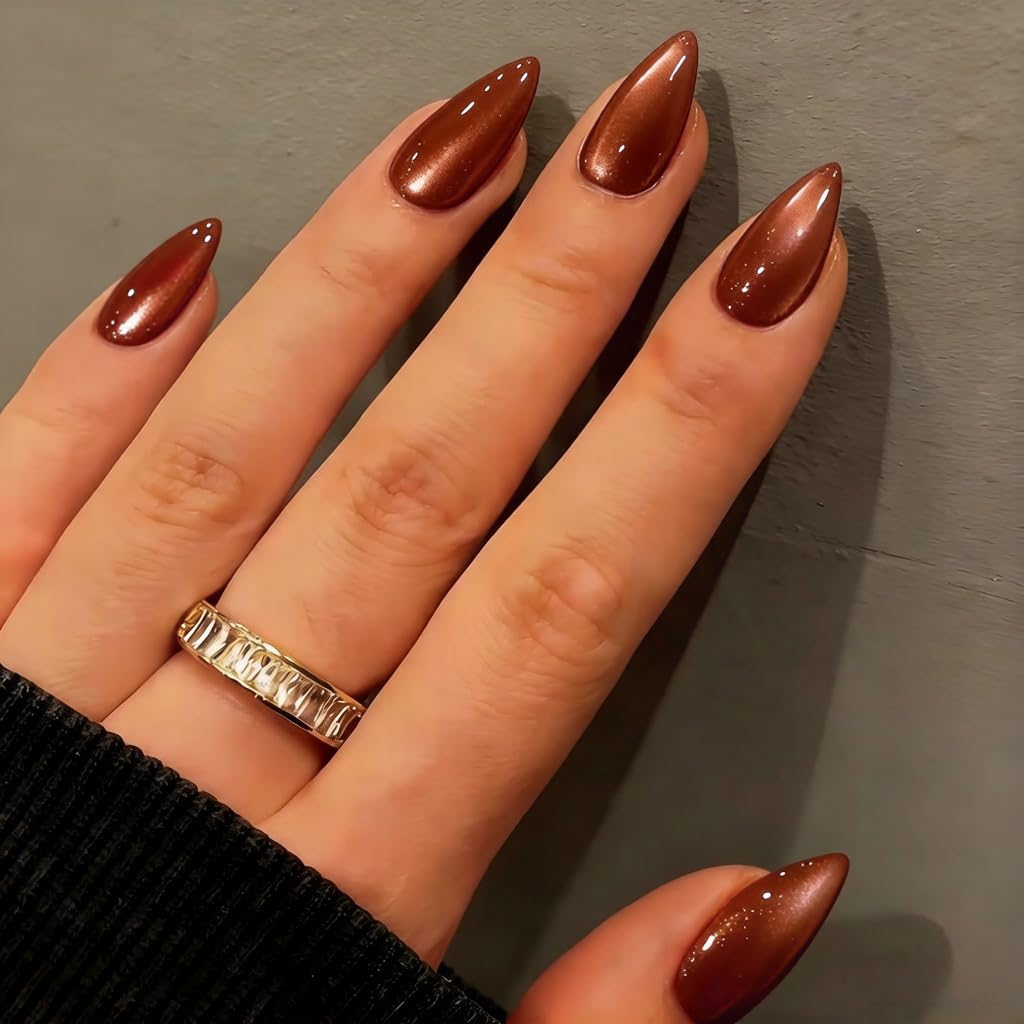KQueenest Cat Eye Press On Nails Almond - Amber Brown Press On Nails Medium Stiletto, 30 Pcs 15 Sizes Glitter Fake Nails Press ons, Upgrade Thick Quality, Reusable Reflective Glue on Nail for Women
