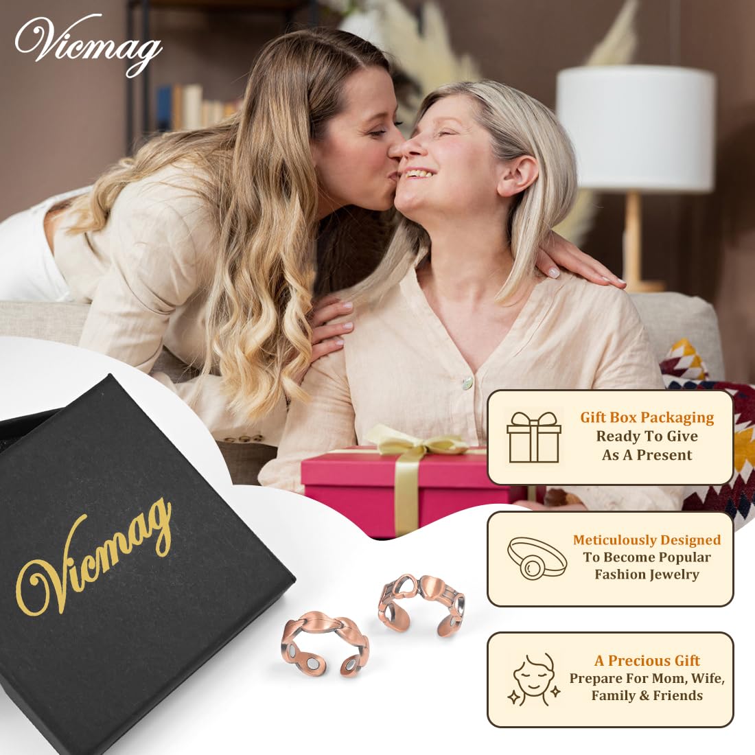 Vicmag 2PCS Magnetic Copper Rings for Women & Men,99.99% Pure Copper Ring with 9X Magnets Gift Adjustable(Leaf & Love)