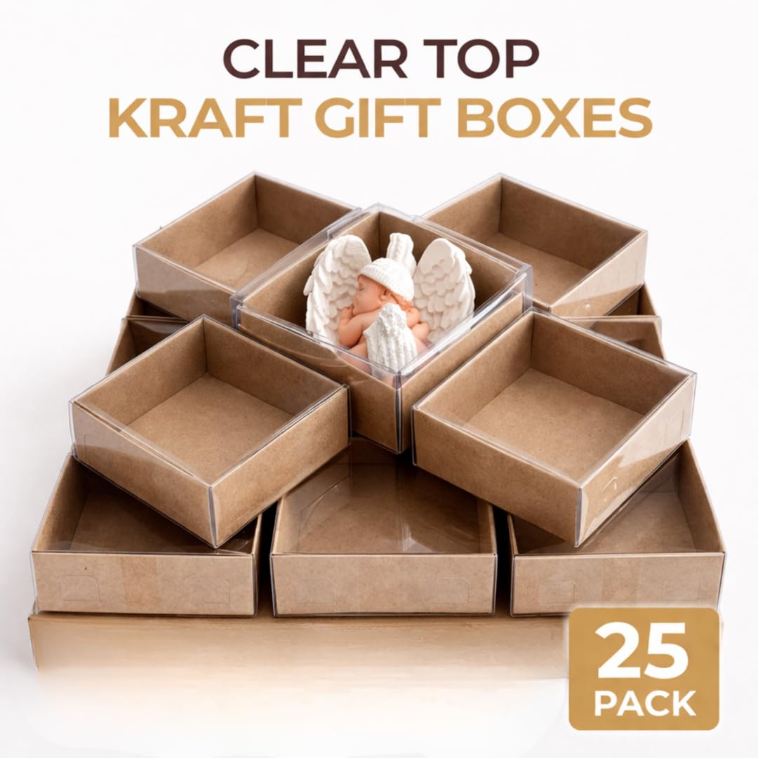 novamem since 2024 Premium Kraft Gift Boxes with Clear Window - 25 Pack Small Favor Boxes for Elegant Gift Packaging, Jewelry, Candy & Small Business (2.76 x 2.76 x 1.18 in)