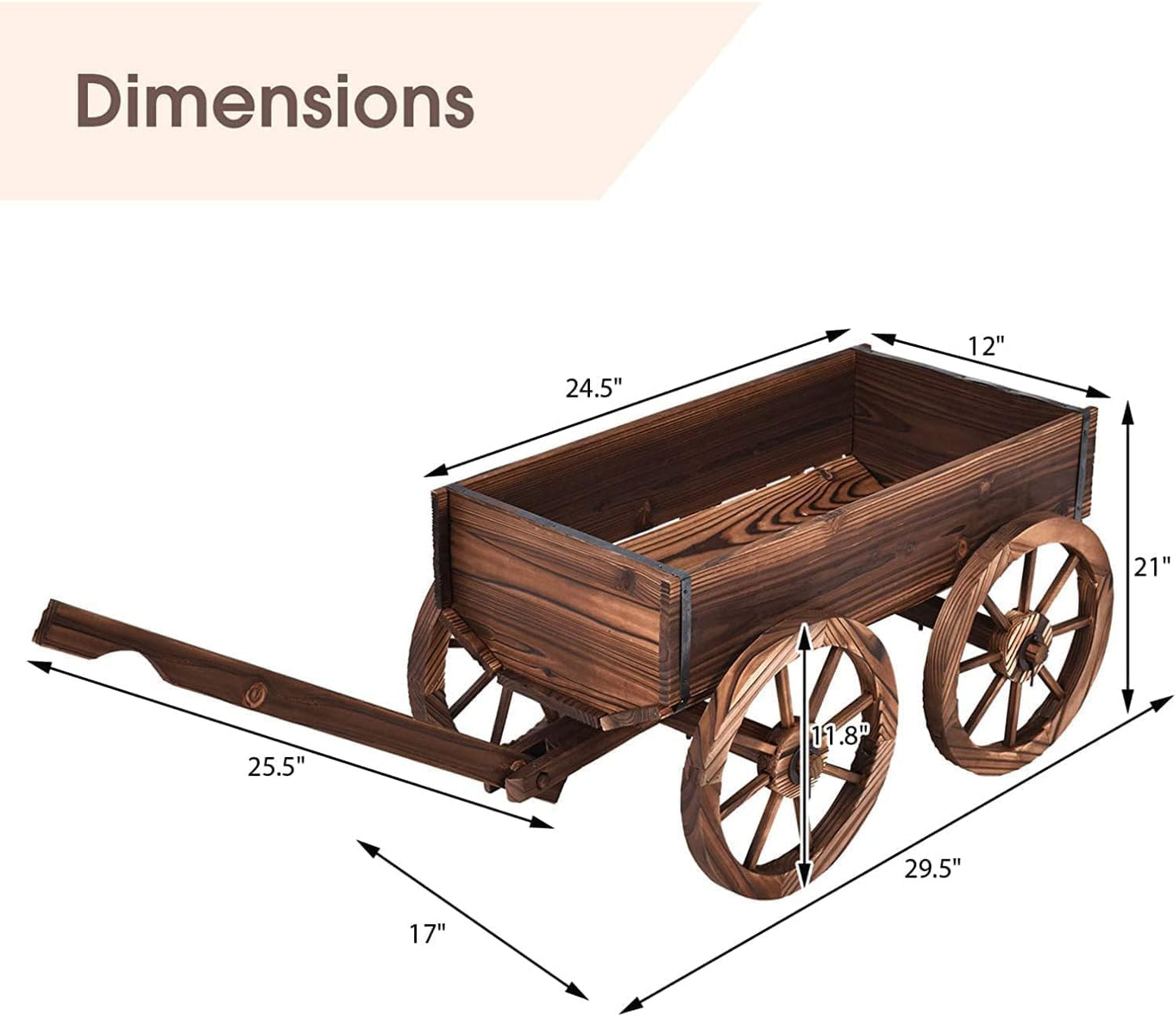 LDAILY Wooden Wagon Planter Pot, Decorative Flower Cart with Handle, Wheels, Drain Holes, Outdoor Rustic Wheelbarrow Planter Stand for Patio, Garden, Backyard, Balcony, Brown