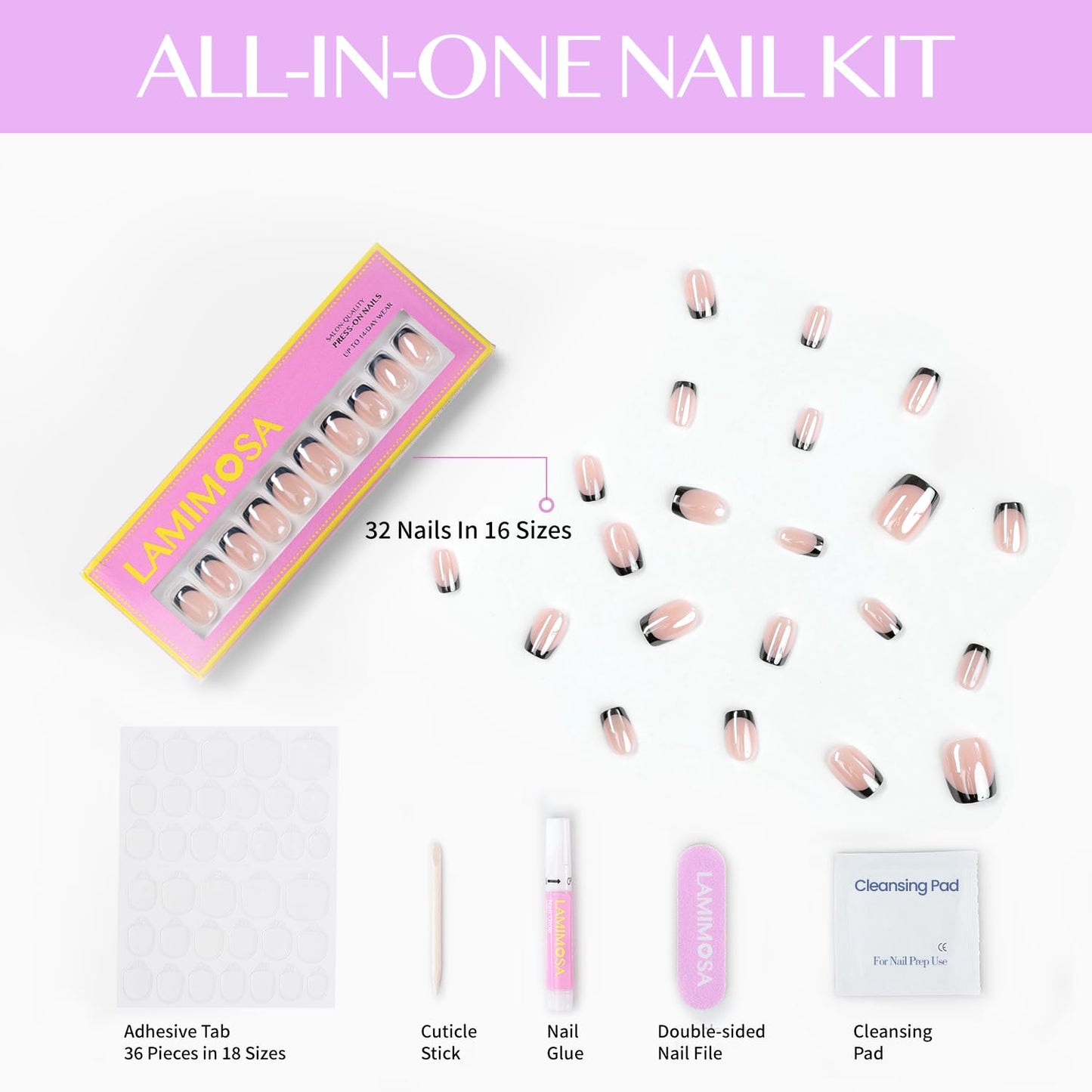LAMIMOSA 32Pcs Black French Tip Press on Nails Short Square - Soft Gel Fake Nails in 16 Sizes, Reusable Glue on Nails Kit in Glazed Finish, Chrome False Nails, CAVIAR GLAZE