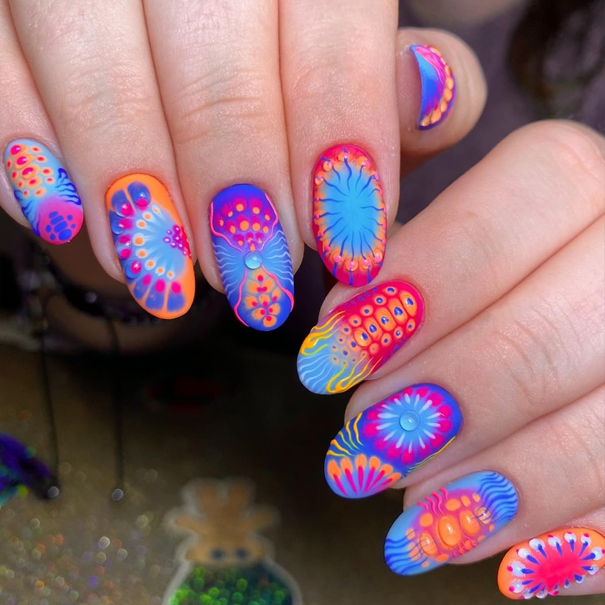 plalely Almond Press on False Nails Medium TrippyPress on False Nails Neon Mushroom FloralStick on Nail Tips for Women 24pcs