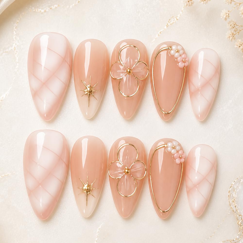 2IM Studio Handmade Press On Nails – 10 Piece Soft Gel Nail Kit with Glue & Tool Set, Reusable Artisan Nails, Salon-Quality Finish (Ivory Shell-M)