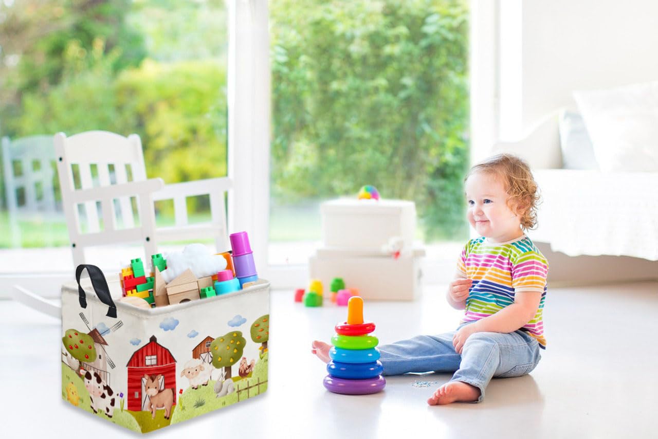 Sanjiaofen Rectangular Kids Baskets,Farm Baskets for Kids .Waterproof PE Coating Cute Basket with Handles.Boys Bins,Gifts Box,Books Basket. (Farm)