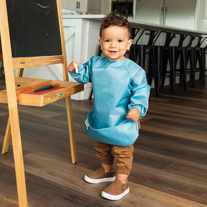 Tiny Twinkle Long Sleeve Bib for Babies & Toddlers – 2 Pack Waterproof Smock Bibs for Eating – Machine Washable & Mess-Proof, Baby Feeding Essential & Shower Must-Have (Slate Olive,6–24M)