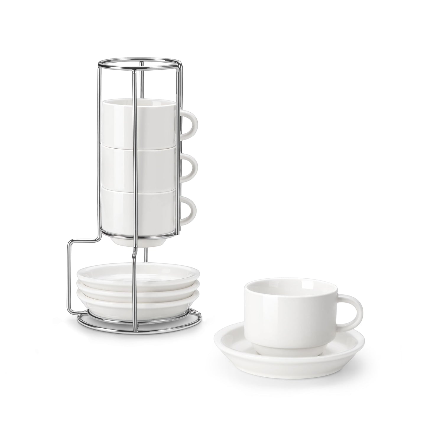 MALACASA 2.5 OZ Porcelain Espresso Cups with Saucers and Metal Stand Set of 4, Stackable Cappuccino Cups, White Expresso Shots Cup Set for Coffee Drinks, Latte, Tea