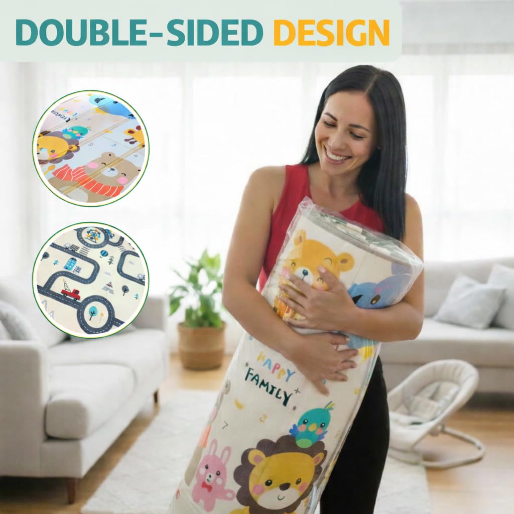 DAN&GO Extra Large Baby Play Mat, Foldable, Double-Sided, Beige, Non-Toxic XPE Material, Portable Activity Floor Mat for Babies 0-12 Months & Kids, Educational Design (Funny, 71 * 79 * 0.4)