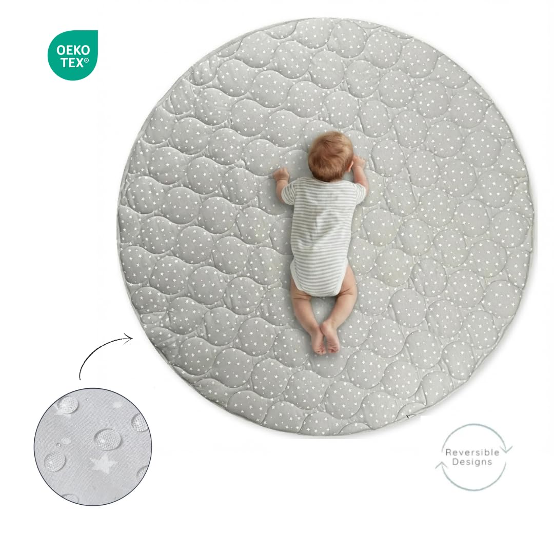 Byrd & Blume Round Baby Play Mat, Reversible Quilted Organic Cotton, Soft Circle Nursery Rug, Non Toxic, Foldable Portable, 40 Inch, Gray Stars/Solid Gray