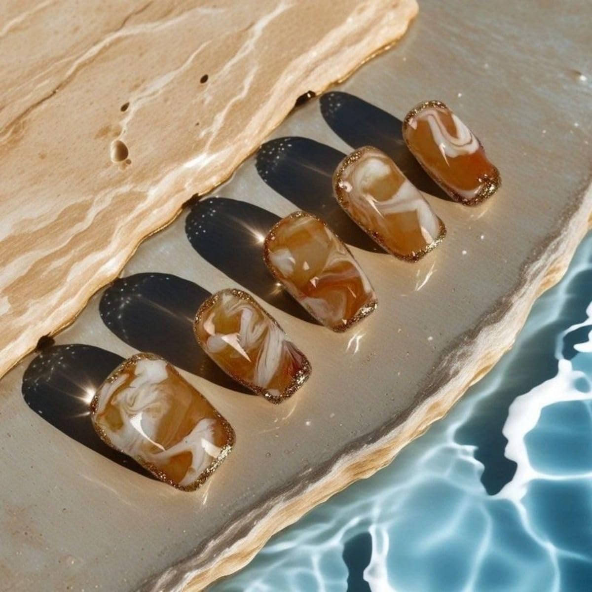 Threelegscat Brown Handmade Press on Nails Coffin Short with Marble Pattern Design for Women and Girls Size L 10pcs