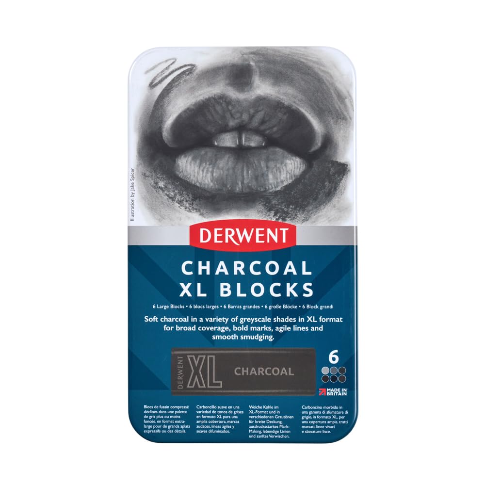 Derwent Charcoal XL Blocks 6 Tin, Set of 6, 60mm Extra-Large Block, Naturally Water-soluble, Ideal for Sketching, Drawing and Expressive Mark Making, Professional Quality (2306196)