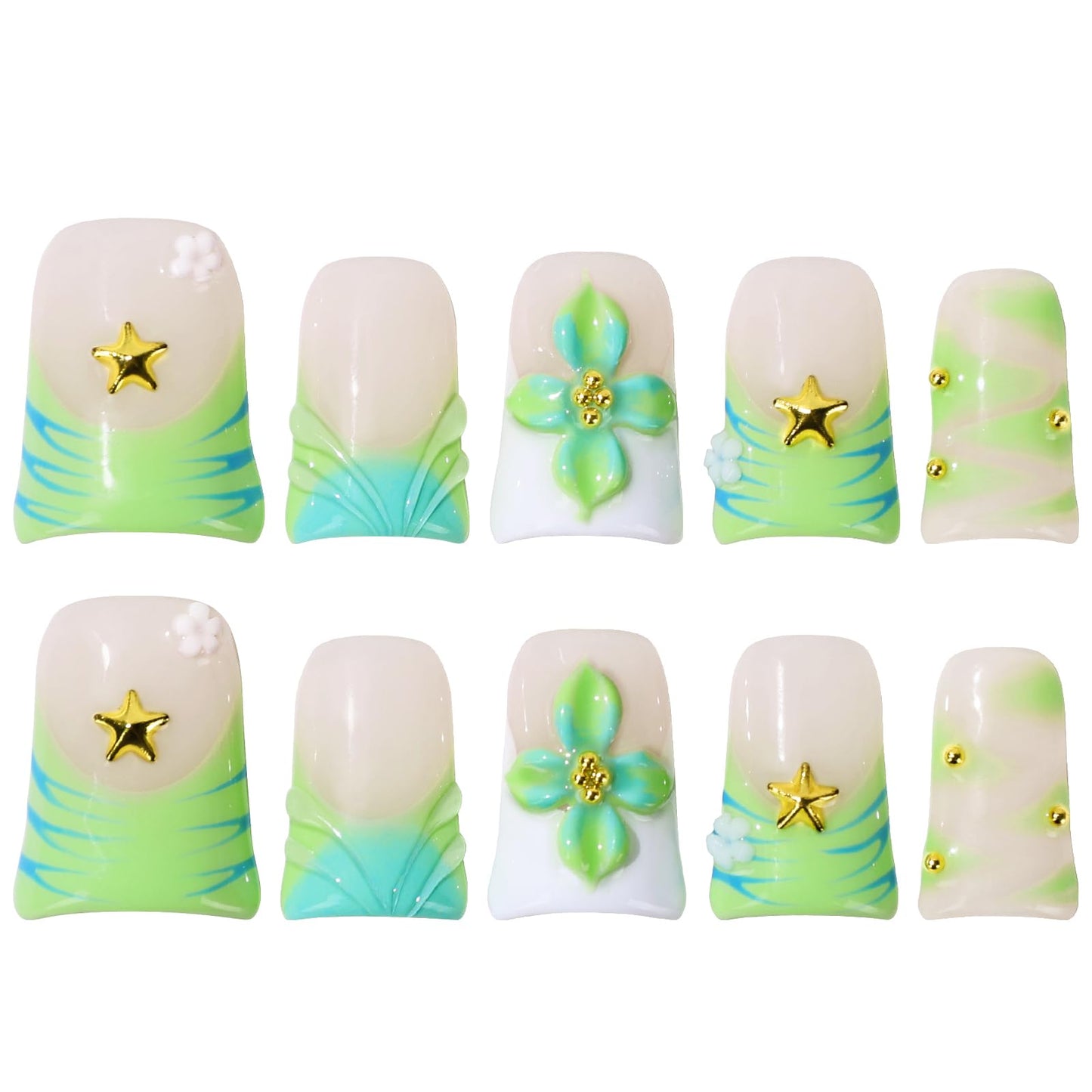 Buleens Handmade Press on Nails Acrylic Duck Nails-10pcs Short Fresh Spring Green Flower 3D Fake Nails Kits with Glue