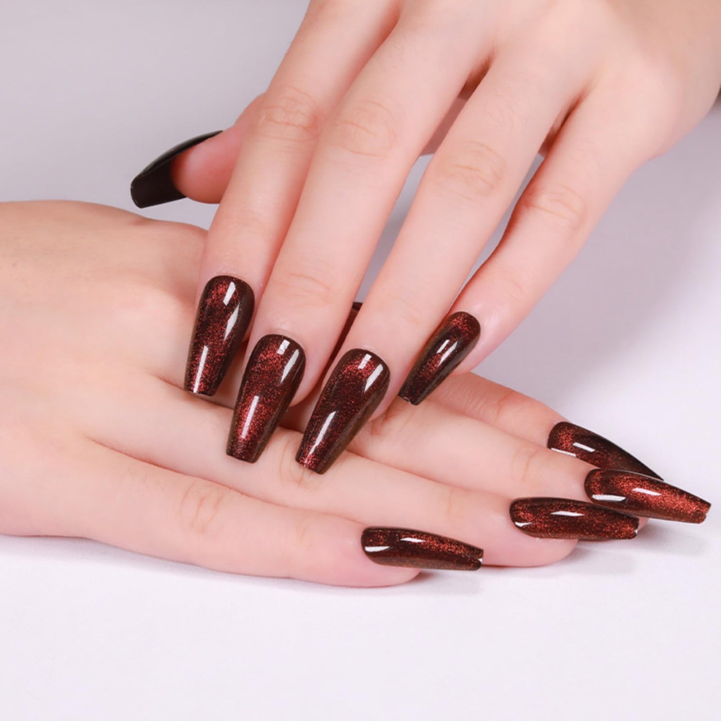 Gentle Claws Press On Nails - Dark Maroon | Dark Red Glitter Velvet, Medium Coffin Squared With Cat Eye Design for Women and Girls, 24 Pcs Reusable Red Fake Nails