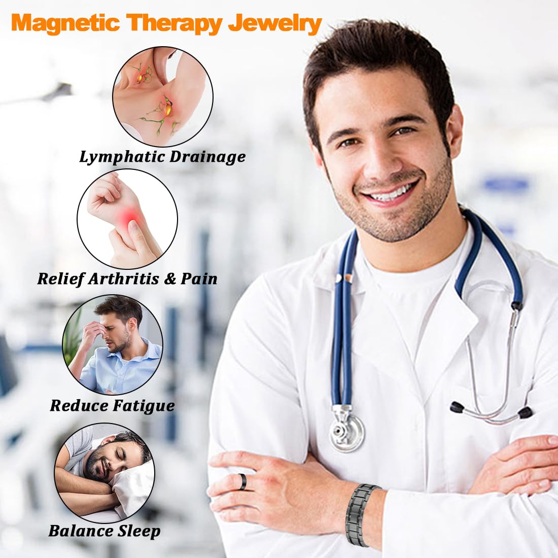 Cigmag 3X Magnetic Bracelets for Men Ultra Strength Titanium Steel Bracelet Wrist Adjustable with Sizing Tools (Grey with Ring)