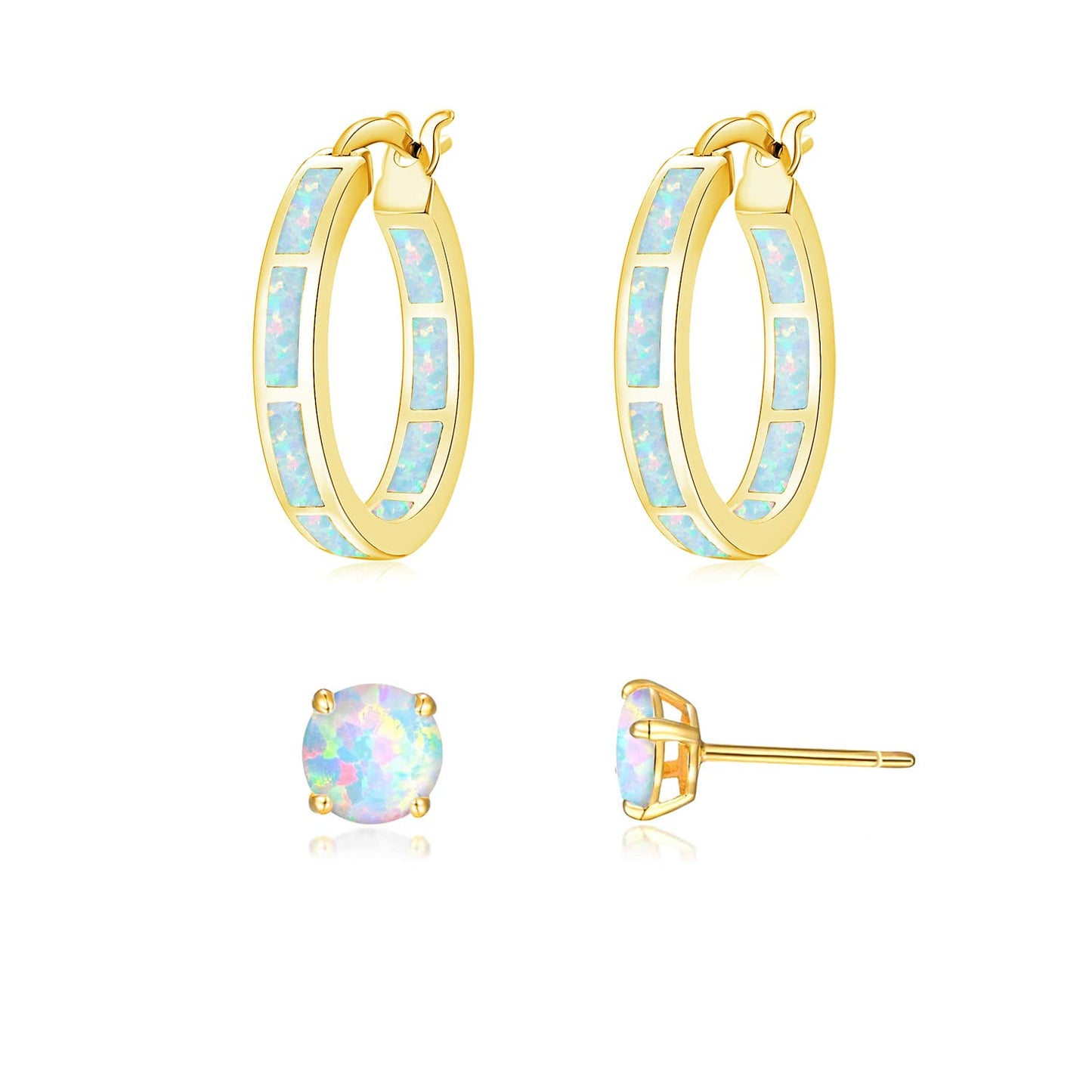 CiNily 2 Pairs Hoop Earring Set for Women Yellow Gold Plated Opal Small Hoop Earring Hypoallergenic Opal Stud Earrings