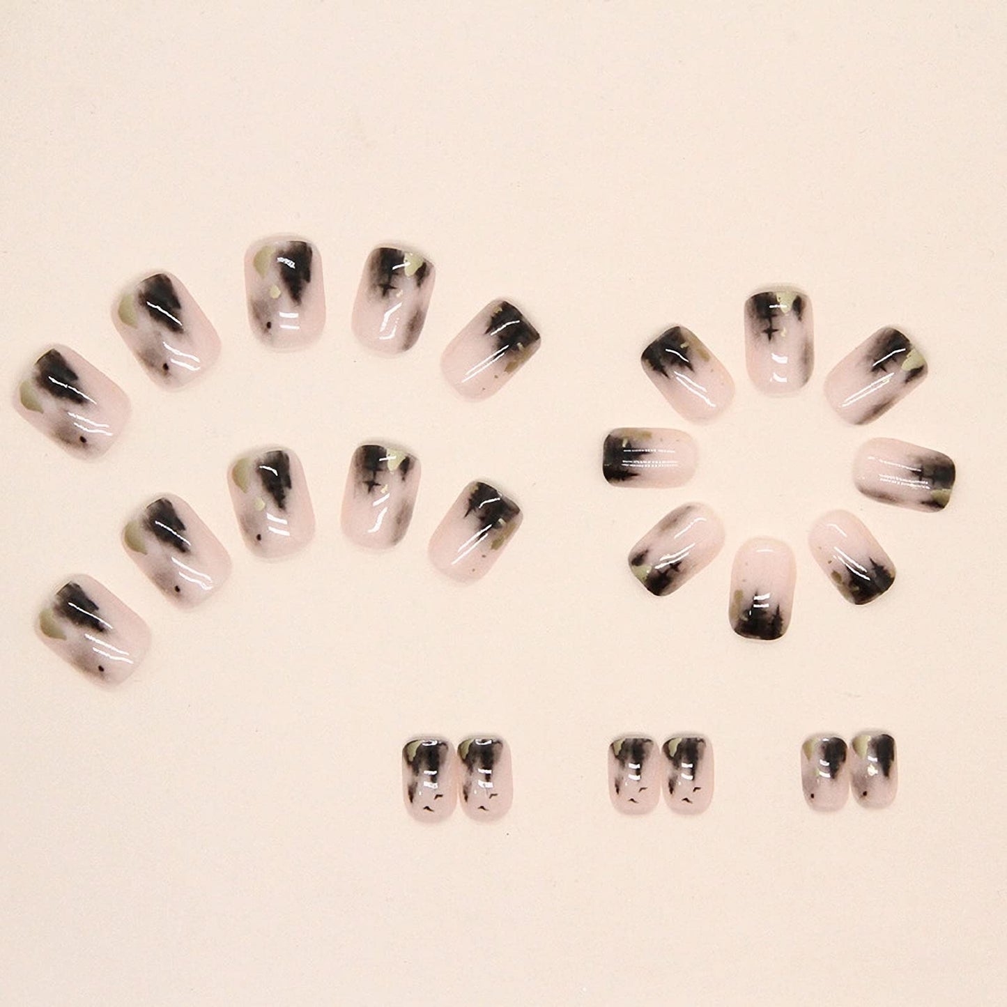 MISUD Press on Nails - Short Square Glue on Nails with Black Ink, Acrylic Gold Foil Design 24 pcs