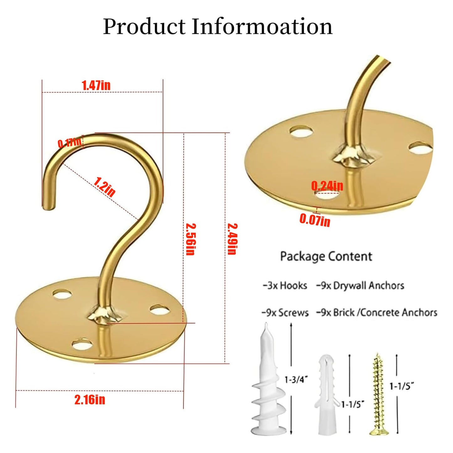 LangPu Ceiling Hooks for Hanging Plants-Metal Heavy Duty Wall Mounted Hangers for Hanging Bird Feeders, Planters, Wind Chimes, Include Professional Drywall Anchors (5 Pack) (Bright Gold)